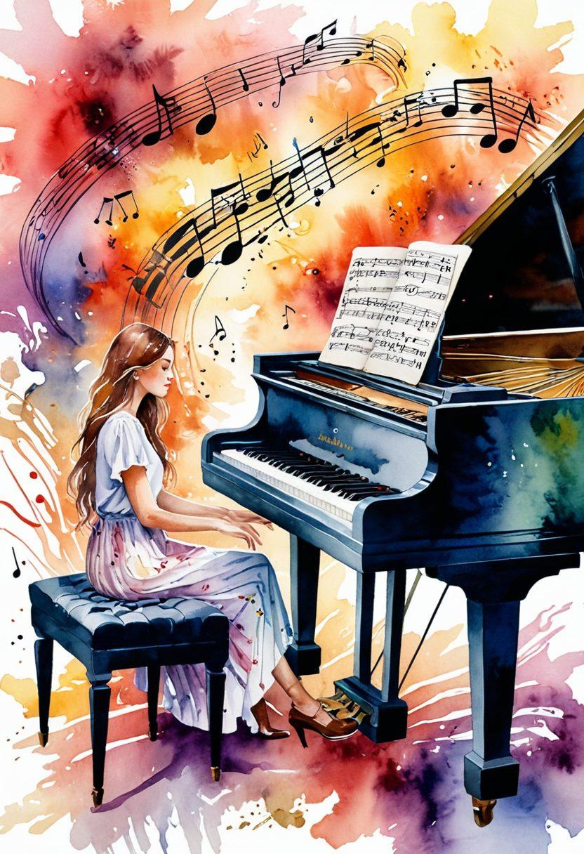 A dynamic scene of a songwriter at a vintage piano surrounded by musical notes and colorful lyric sheets swirling around, capturing the essence of creativity and emotion in songwriting. The background features an ethereal landscape symbolizing musical narratives, with flowing lines connecting the elements like a melody. Include warm, inviting lighting to enhance the atmosphere of inspiration. watercolor painting. vibrant colors. soft focus.