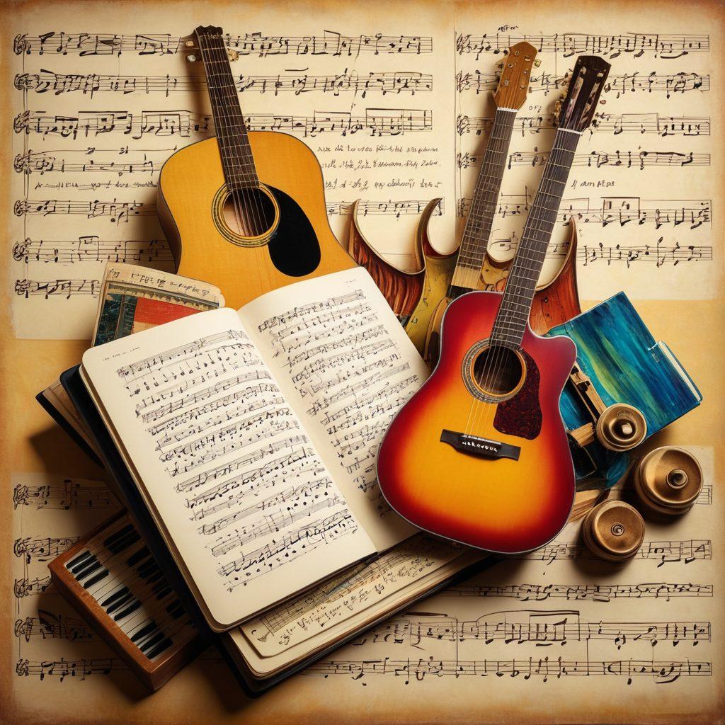 An open notebook filled with handwritten song lyrics, surrounded by vintage musical instruments like a guitar and piano. In the background, a vibrant sound wave pattern merges with a colorful abstract representation of various musical genres, symbolizing the depth of themes. Warm lighting casts a cozy atmosphere, inviting exploration of the song's meaning. super-realistic. vibrant colors. soft focus.