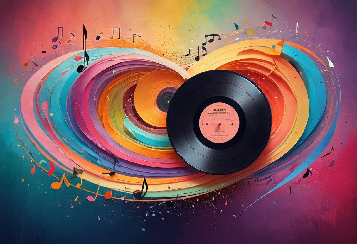 An abstract representation of musical notes transforming into written words, swirling together in a harmonious dance. Visualize a vibrant explosion of color, with the background blending soft pastel hues representing calmness and creativity. Include subtle elements of a vintage record player and sheet music intertwining with the notes. The overall feel is artistic and dynamic, illustrating the connection of lyrics to melody in music. vibrant colors. abstract art.